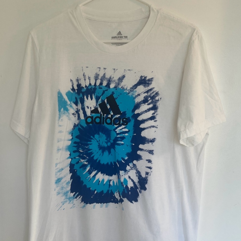 Adidas Women White and Blue Tie-Dye Shirt, Size M